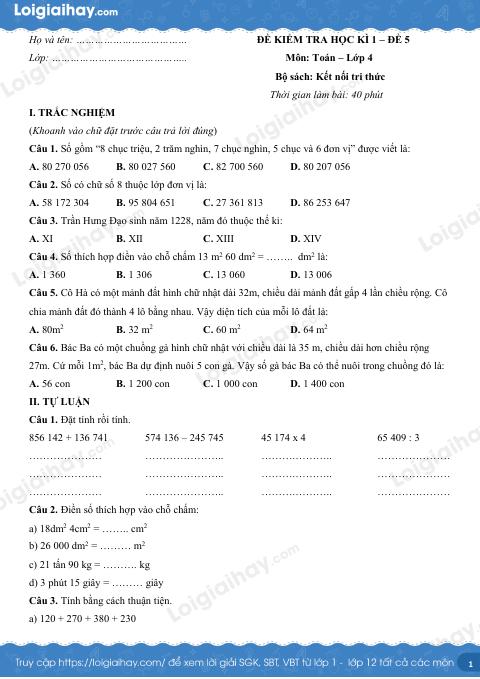 Đề kiểm tra học kì 1 Toán 4 Kết nối tri thức - Đề số 5